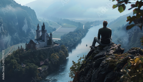 A man is sitting on a rock overlooking a river with a castle in the background