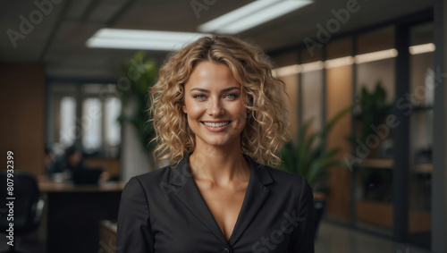 Bella donna con capelli biondi ricci sorride in un moderno ufficio con abito elegante
