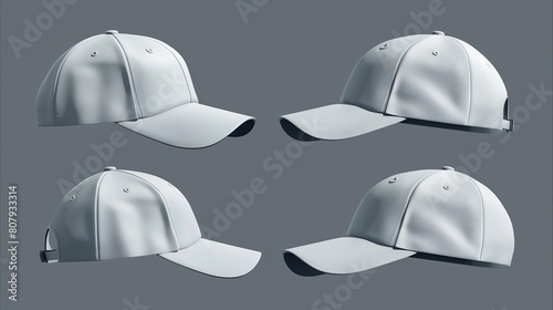 The mockup shows the baseball cap from four different angles - front, back, three quarters and side. The mockup includes realistic modern templates of gray snapbacks with visors and cotton clothing