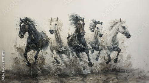 Craft an image of horses depicted in a stunning artwork