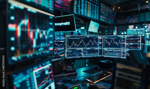 A stock market trading setup with multiple computer screens displaying real-time financial data and candlestick charts, highlighting the use of technology