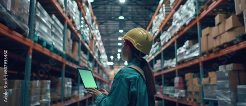 An Over the Shoulder View shows a professional female worker wearing a hard hat using a digital tablet computer with a green chroma key screen in landscape mode in a retail warehouse full of shelves