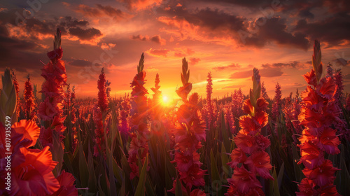 The sublime beauty of a sunset over a field of gladiolus flowers, their tall spikes reaching toward the sky as if bidding farewell to the sun.