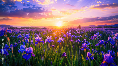 The sublime beauty of a sunset over a field of iris flowers, their vibrant hues of purple, blue, and yellow creating a mesmerizing spectacle.