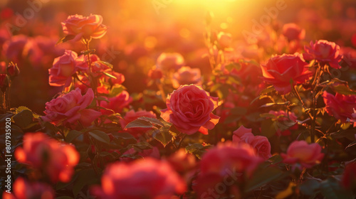 The sublime beauty of a sunset over a field of roses, their velvety petals aglow in the soft, diffused light of evening.