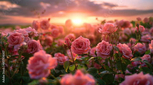 The sublime beauty of a sunset over a field of roses, their velvety petals aglow in the soft, diffused light of evening.