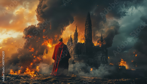 A man in a red cape stands in front of a burning castle