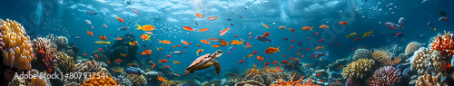 Tropical sea underwater fishes on coral reef. Aquarium oceanarium wildlife colorful marine panorama landscape nature snorkel diving, coral reef and fishes