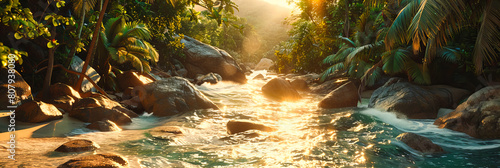 Tranquil River Scene with Cascading Waterfall, Lush Greenery and Rocky Landscape, Serene Nature Setting
