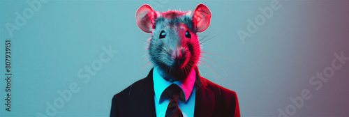 psychedelic art, rat wearing suit and tie with plain empty space.