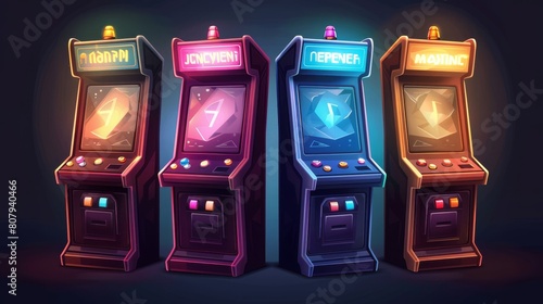 A set of arcade machines isolated on a black background. Modern illustration of a retro gaming cabinet with buttons, joysticks, coin slots, menu options text on neon lights.