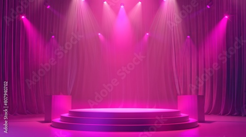 This is a modern background of a pink spotlight party show stage. A spot light disco scene for the winner's podium. An abstract broadway studio in 3D for the dancers with a projection surface. “Magic