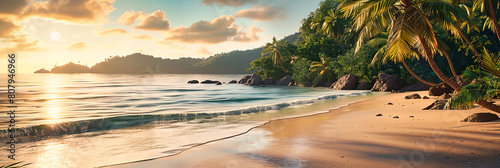 Tropical Beach Paradise with Lush Palm Trees and Rocky Coastline, Seychelles Scenic Seascape