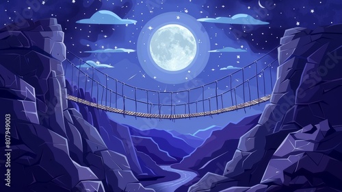 A rope bridge between cliffs in a mountain range in the dark. Illustration of an old suspension road hanging above a rocky gap, a full moon shining in a dark starry night, a background for a travel