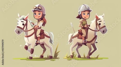 The scene shows a horse rider woman and man wearing helmets and uniforms riding the horse. It is a cartoon modern illustration of the equestrian school and racehorse training concept.