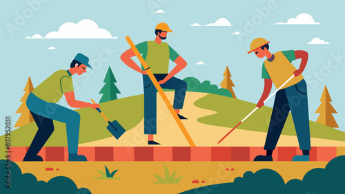 Skilled workers carefully grading the land using precise measurements and tools to create even slopes and levels.. Vector illustration