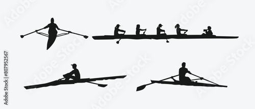 rowing silhouette collection set. water sport, race, transport, teamwork concept. different action, pose. monochrome vector illustration.