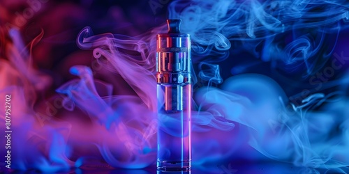 Closeup of vaping liquid pen with blurred background creative composition. Concept Vaping, E-cigarette, Closeup Photography, Blurred Background, Creative Composition