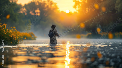 Serene sunset fishing by lone angler in tranquil river