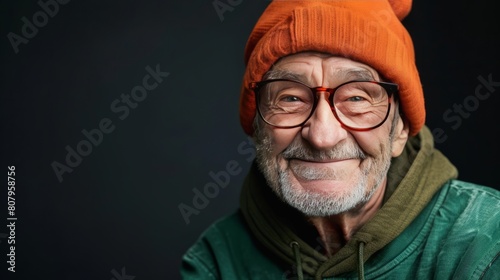 Close up portrait of happy 70-year-old optimist man with smiling wrinkled face, dressed in hipster orange hat and green hoodie, isolated over black background. Positive and cheerful at any age