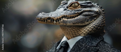 A closeup half body of a charismatic coldblooded crocodile in a sleek suit, sharpeyed, against a sleek grey slate, colorful Strange Bizarre sharpen blur background with copy space