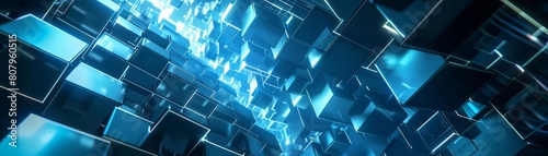 A futuristic blue digital geometric technology cube background presents a cuttingedge visual with sharp angles and vibrant lighting, sharpen background texture with copy space