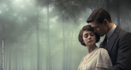 Man embracing woman from behind. With copy space. Young historical couple embracing in love. Retro vintage historical concept. In the bokeh moody woods background. Elegantly dressed. 