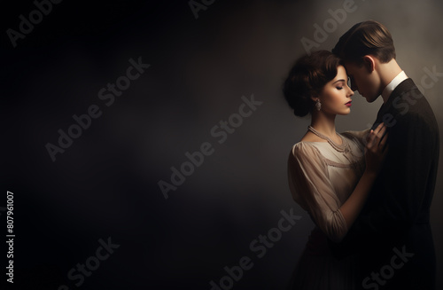 Classic noir elegant couple in love with copy space. Young historical couple embracing in love. Retro vintage historical concept. In the bokeh moody woods background. Elegantly dressed. 