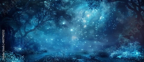 A mystical forest glows with bioluminescent plants under a starlit sky, Sharpen banner template with copy space on center