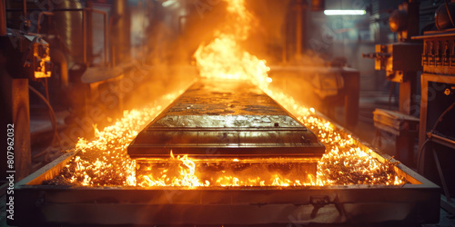 The coffin goes into the crematorium combustion chamber, burning fire in a cremation oven.