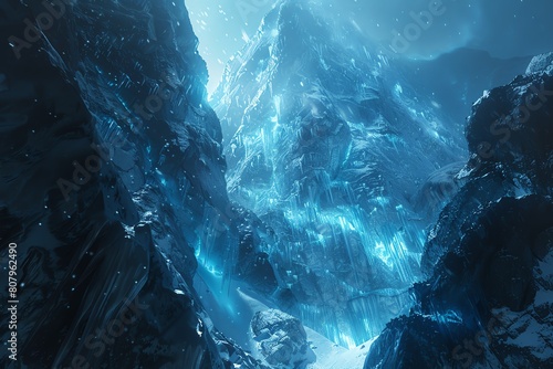 Capture the imposing presence of a glacier looming overhead in a low-angle view Incorporate intricate ciphers carved into the ice for a mysterious and electrifying atmosphere