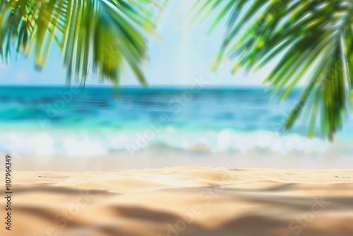 Holiday summer concept. Beach with sand and palm leaves in blur. generative ai.