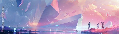 Craft a mesmerizing panoramic scene of robotic ballet dancers set amidst a futuristic, surreal landscape of floating geometric shapes and ethereal lights