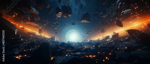 Futuristic abstract representation of a data tunnel made from interconnected polygons swirling into a mesmerizing vortex that draws the viewer into a digital realm.