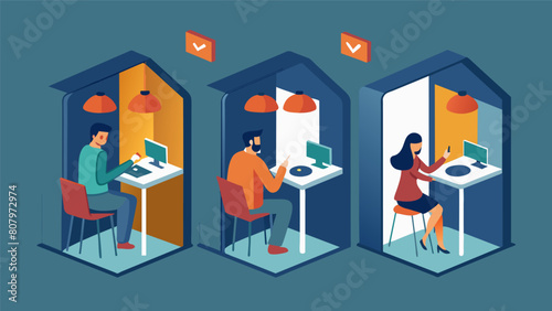 A designated area with soundproof phone booths and privacy pods for employees who prefer a quiet and private space for making phone calls or. Vector illustration