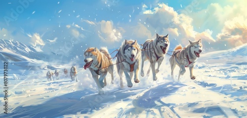 A team of sled dogs pulling a sled through a snowy wilderness, their breath visible. 