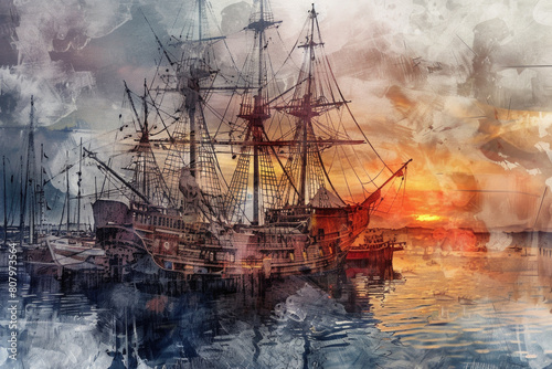 Medieval ship in the harbor at sunset, watercolor style painting