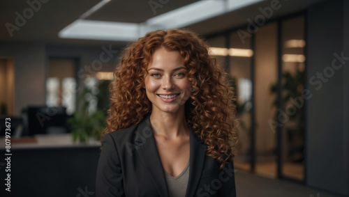 Bella donna con capelli rossi ricci sorride in un moderno ufficio con abito elegante