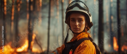 A courageous female firefighter is seen standing in protective uniform and wearing a helmet, posing for the camera. She is standing in a smokey forest during a wildfire.