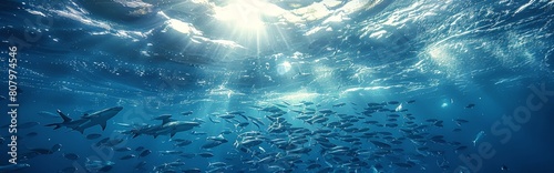 Sharks prey on a school of sardines in the open sea, World Environment Day, environmental protection theme, ecological environment, biodiversity, ecological balance, survival of the fittest 