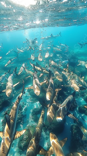 Sharks prey on a school of sardines in the open sea, World Environment Day, environmental protection theme, ecological environment, biodiversity, ecological balance, survival of the fittest 