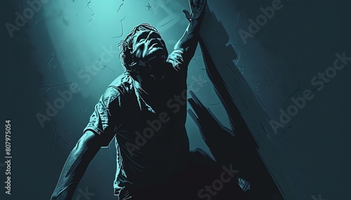 Capture the intense emotion of Fear from a low-angle view in a Digital Rendering Technique, highlighting dramatic lighting and shadow play to evoke a sense of suspense and unease