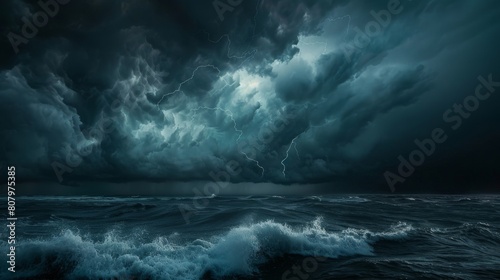 The dark clouds loom over the ocean, the waves churn and crash against the shore.