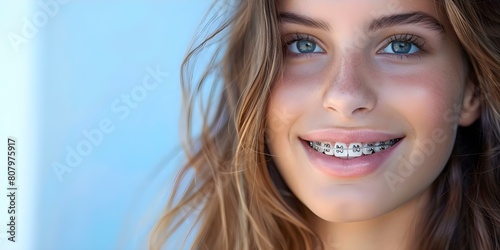 Portrait of a happy young woman with braces receiving orthodontic treatment. Concept Orthodontic Treatment, Braces, Young Woman, Smiling, Happy Portrait