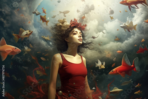 A surreal scene featuring a person with an obscured face. The central figure wears a red tank top, and their hair flows upwards. Flying fish of various colors surround the person, along with debris.
