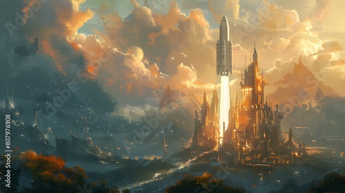 A rocket takes off from a futuristic city bathed in golden light, surrounded by a dramatic, colorful sky with towering structures and misty mountains.