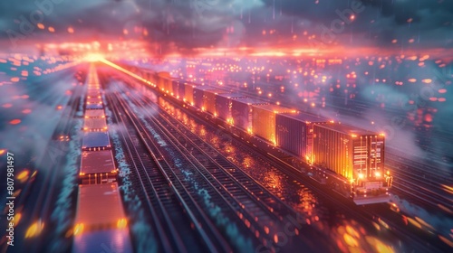 Nighttime Freight Train with Smoke on Train Track in Motion Underneath Dark Sky