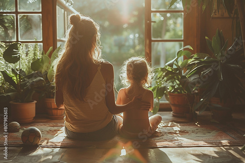 A mother and child sitting on a sun-drenched porch swing, sharing stories and laughter as they soak in the warmth of the afternoon sun. Top view