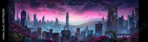 Futuristic cityscape with neon vertical gardens, twilight, widelens view, cyberpunk realism