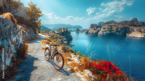 Exploring Ancient Ruins and Azure Coastlines: A Photorealistic Bike Journey on a Greek Island Pathway
